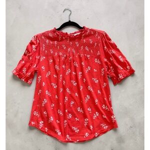 Lucky Brand Orange Floral Smocked Mock Neck Short Sleeve BohoTop Womens Medium